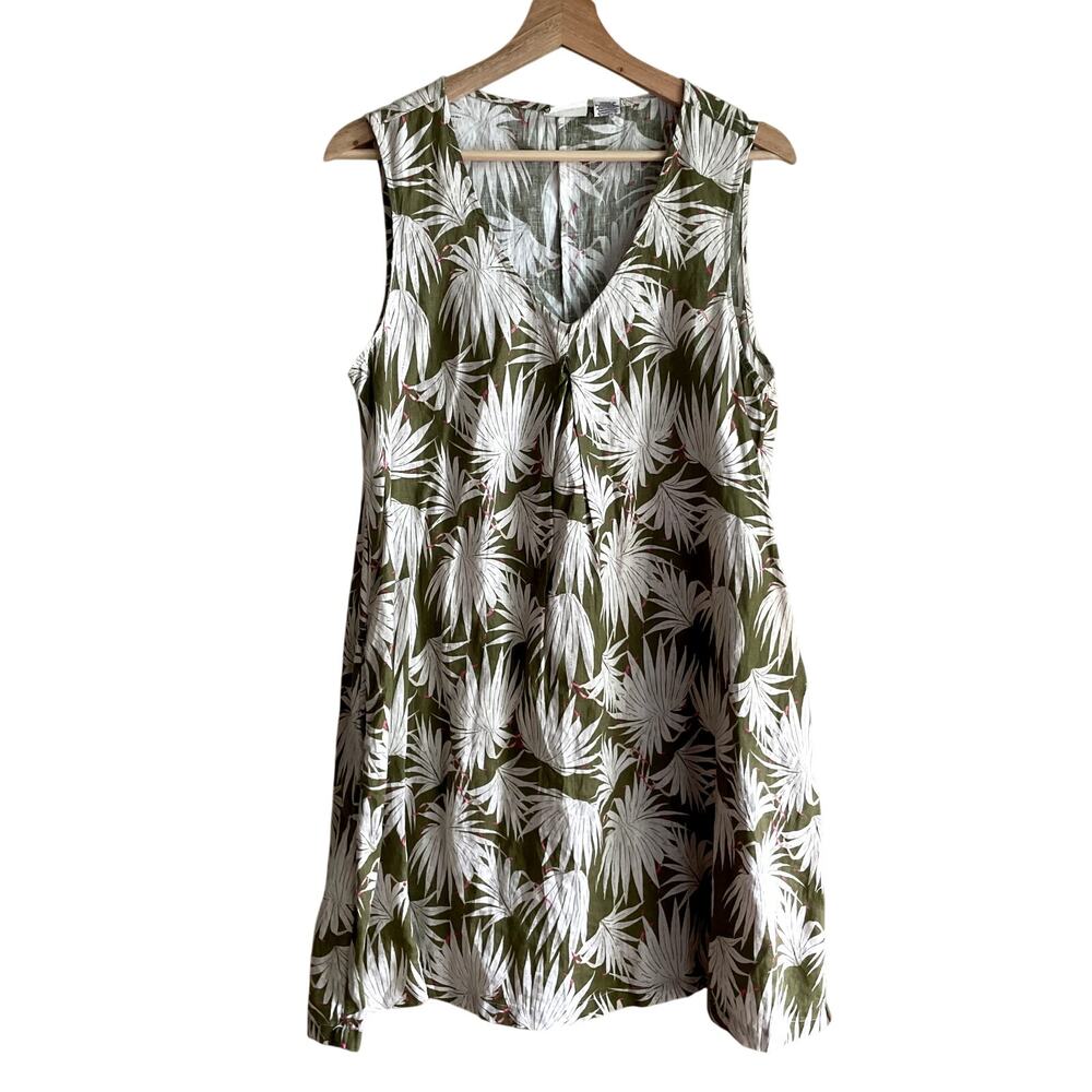 Rachel Zoe 100% linen sleeveless olive white leaves midi dress pockets women's M